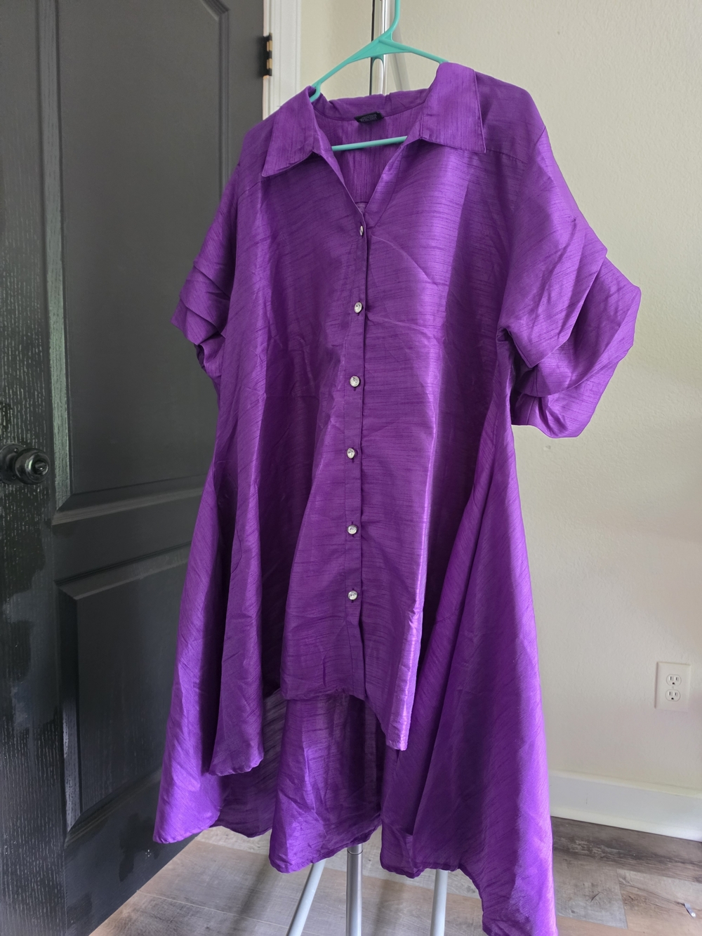 Vibrant Purple Button-Front Satin Tunic Dress